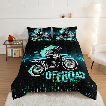 HOSIMA Extreme Sport Theme Comforter Motorcycle King Size Bed in a Bag for Boys Kids Teens,Dirt Bike Tournment Kids Game Room Decor,Motocross Rider Black Comforter with 2 Pillowcases.