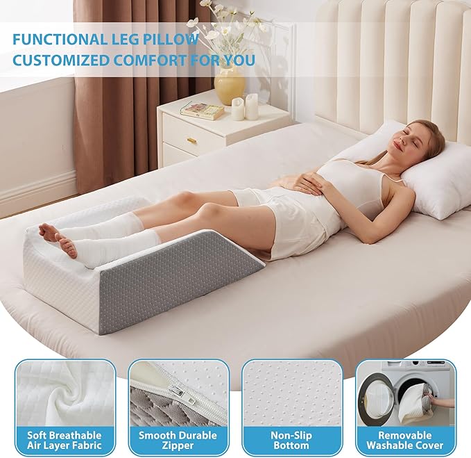 Double Leg Elevation Pillows for After Surgery, Memory Foam Leg Elevating Pillow, Leg Pillow Elevation Blood Circulation, Knee Pillow Wedge Pillow for Back Knee Hip Ankle Pain Relief, White/Grey
