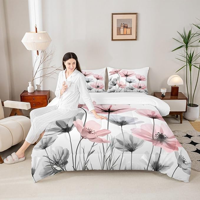 Erosebridal Cute Pink Floral Full Bedding Set,Pink and Gray Flower Comforter Set for Kids Girls Women,Boho Wildflower Quilt,Farmhouse Flowers Bedroom Decor with 2 Pillowcases,Breathable