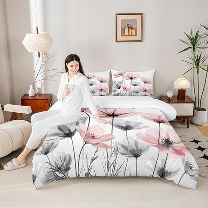 Erosebridal Cute Pink Floral Queen Comforter Set,Pink and Grey Flower Bedding Sets for Kids Girls Women,Boho Wildflower Bed Set,Rustic Country Flowers Room Decor with 2 Pillowcases,Breathable