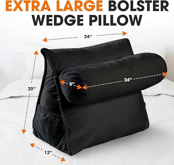 Cheer Collection Reading Wedge Pillow – TV Pillow with Adjustable Bolster Pillow, Memory Foam Back Support for Couch & Bed, Pillow Chair for Bed, Reading Pillows for Adults & Kids, XL, Black