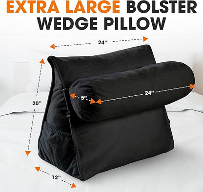 Cheer Collection Reading Wedge Pillow – TV Pillow with Adjustable Bolster Pillow, Memory Foam Back Support for Couch & Bed, Pillow Chair for Bed, Reading Pillows for Adults & Kids, XL, Black