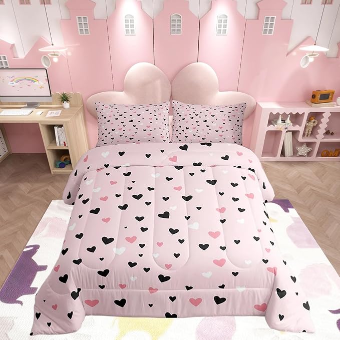 Feelyou Heart Bedding Set Toddler Size Soft Love Comforter Set for Kids Boys Girls Decor Kawaii Comforter Microfiber Pink Duvet Set