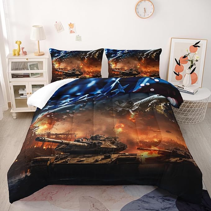 War Theme Comforter Set King Size for Kids Teens and Adults Tanks and Aircraft Printed Quilt Set for Bedroom Microfiber All Season Print Quilt Set with 1 Comforter and 2 Pillow Case