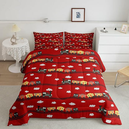Erosebridal Kids Cartoon Train Bedding Sets Twin for Boys Cute Truck Car Themed Comforter Set Kawaii Steam Engine Comforter White Clouds Watercolor Red Vehicles Duvet Insert for Kids Bedroom
