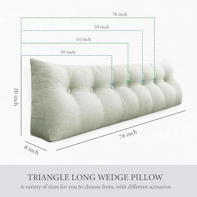 Wedge Headboard Pillow Dorm Room Reading Pillow Back Support for Sitting Up in Bed Bolster Lumbar Cushion Body Positioning Bedrest Cotton Linen 59in Grey-Beige Queen