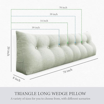 Wedge Headboard Pillow Dorm Room Reading Pillow Back Support for Sitting Up in Bed Bolster Lumbar Cushion Body Positioning Bedrest Cotton Linen 59in Grey-Beige Queen