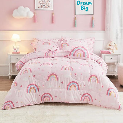 Mooreeke Bed in a Bag for Kids Girls Teens, 6 Pieces Twin Size Comforter Bed Set with Shams, Sheet Set and Decorative Toy Pillow, Rainbow Pink Super Soft Microfiber Kids Comforter Bedding Set