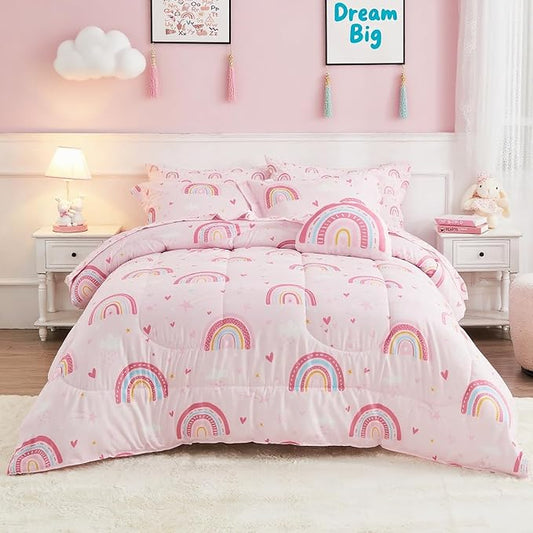 Mooreeke Bed in a Bag for Kids Girls Teens, 6 Pieces Twin Size Comforter Bed Set with Shams, Sheet Set and Decorative Toy Pillow, Rainbow Pink Super Soft Microfiber Kids Comforter Bedding Set