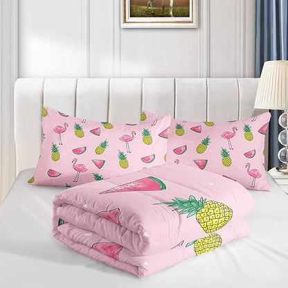 Flamingo Watermelon Comforter Set Queen Size Tropical Flamingo Pineapple Bedding Set Cool Summer Quilted Duvet for Kids Girls Boys Adult with 1 Comforter and 2 Pillowcases