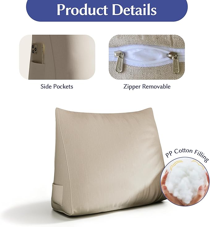 WOWMAX Back Pillow for Bed Sitting up-Bed Wedge Pillow Back Support Pillows for Bed & Sofa Couch, 85% Linen 15% Cotton Blend, Natural Color