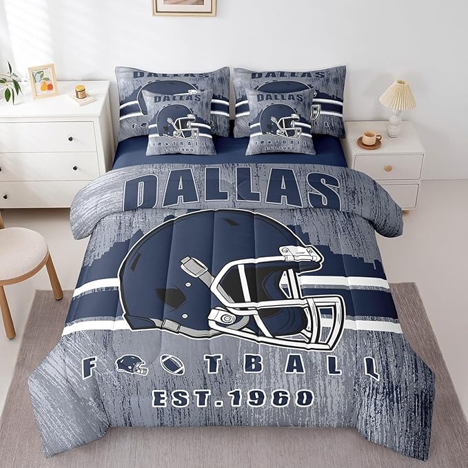 Erosebridal Cowboys Football Bed in A Bag Boys Girls Bedding Set Gridiron Gifts for City Fans Women Men Comforter Sets with Sheets Rugby Sports 7 Pieces Bed Set Twin