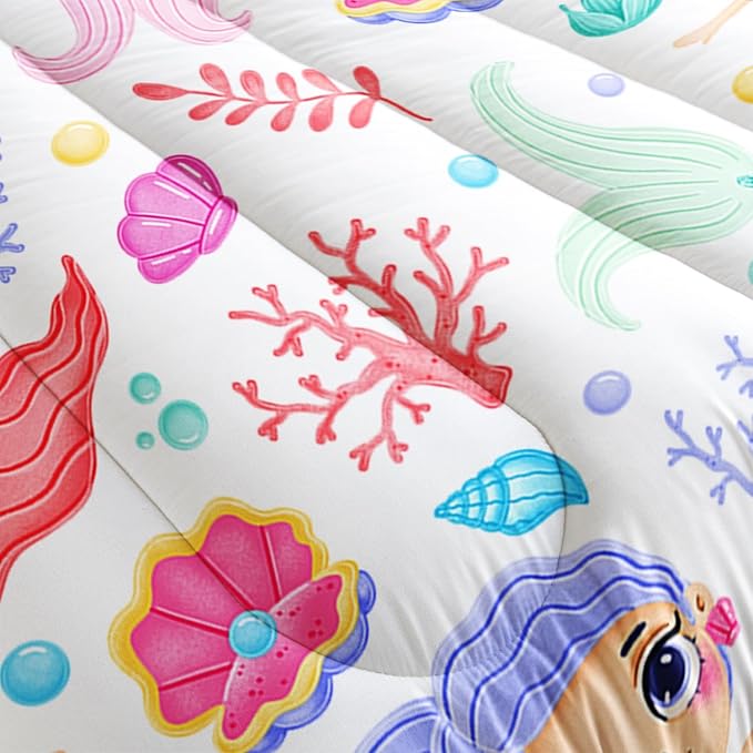 Mermaid Comforter Set Full Size Fairy Tale Sea Shell Grass Bedding Set Starfish Quilt Bed Set for Kid Girls with 1 Comforter and 2 Pillowcases