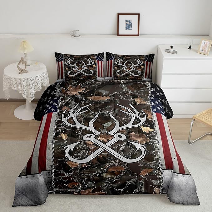 Deer Antler Fishing Comforter Set King Size,Boys Vintage American Flag Bedding Set for Kids Teens Men Room Decor Brown Jungle Branches Camo Quilted Duvet Adventure Hunting Duvet Insert 3Pcs
