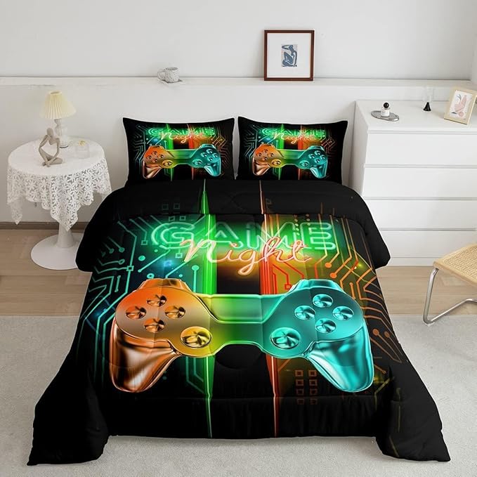 Feelyou Gamer Comforter Kids Gaming Video Game Comforter Set for Boys Teens Noverlty Modern Gamepad Bedding Set Breathable Gamer Console Bedding Duvet Set Bright Orange Green Room Decor Toddler Size