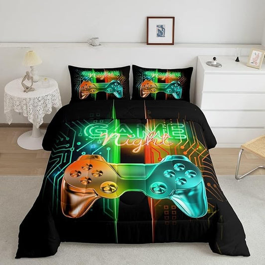 Feelyou Gamer Comforter Kids Gaming Video Game Comforter Set for Boys Teens Noverlty Modern Gamepad Bedding Set Breathable Gamer Console Bedding Duvet Set Bright Orange Green Room Decor Toddler Size