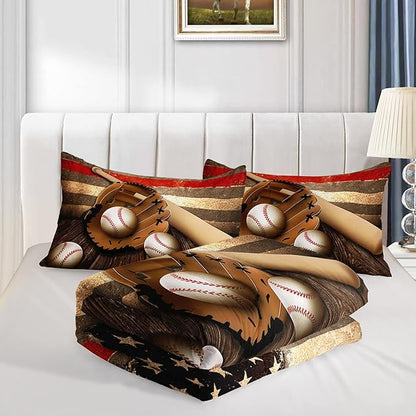 HOSIMA American Flag Baseball Bedding Set,Brown Sports Theme Baseball Comforter Set for Teens Boys,Stars and Stripes Print Softball Bedding for Boys Room Decor with 2 Pillowcases.