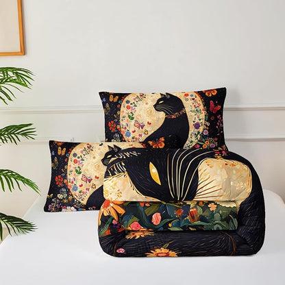 Black Cat Bedding Cartoon Cat Comforter Set Full，Floral Bedding Full Size Bed ，with 1 Comforter with 2 Pillow Case