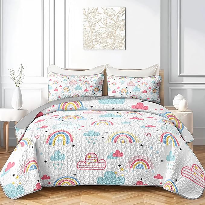 QOOMO Rainbow Quilt Set King Size,Clouds Bedspread Coverlet Set,Colorful Rainbow 3Pcs Bedding Set Printed Quilt with 2 Pillowcases,Soft and Lightweight,for All Seasons