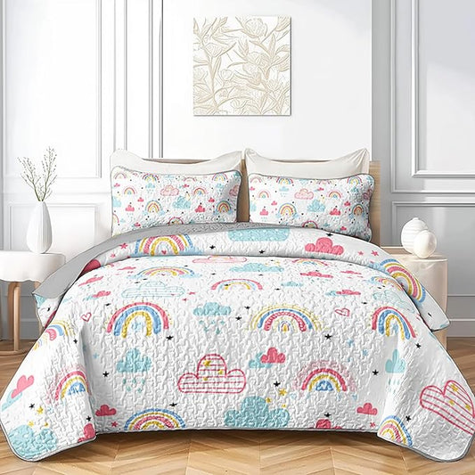 QOOMO Rainbow Quilt Set Full/Queen Size,Clouds Bedspread Coverlet Set,Colorful Rainbow 3Pcs Bedding Set Printed Quilt with 2 Pillowcases,Soft and Lightweight,for All Seasons