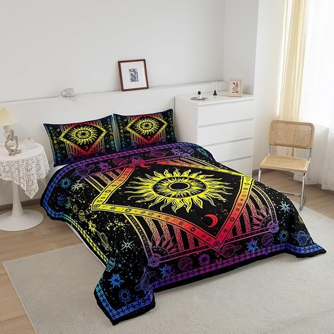 Bohemian Sky Comforter Set Queen Size Psychedelic Gradient Bedding Set for Kids Boys Girls Bedroom Decoration Sun Moon Star Planet Bed Duvet Insert Constellation Comforter with 2 Pillowcase