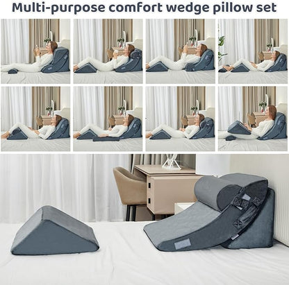 4pcs Bed Wedge Pillow Post Surgery,Wedge Pillow for Sleep apnea for Relief of Body Back and Leg Pain,Acid Reflux and Anti-snoring.