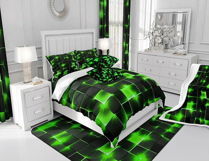 Castle Fairy Bedding Set Twin Size,3D Modern Abstract Square Grid Comforter Cover Set for Kids Girls,Green Neon Light Geometric Print Bedding Quilt Cover Set Bedroom Decor, 2 Pcs