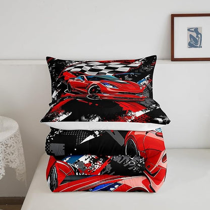 Feelyou Car Bedding Set for Boys Queen Size Racing Sports Car Comforter Kids Extreme Sports Theme Comforter Set Girls Children Bedroom Teens Cool Speed Automobile Decor Bed Duvet Set Soft Lightweight