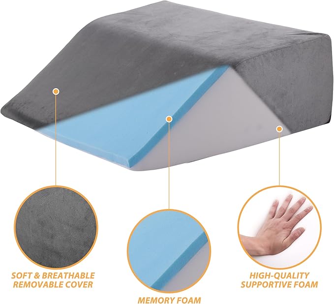 Bedluxe Leg Elevation Pillows, Leg Pillows for Sleeping, Cooling Gel Memory Foam Top, Wedge Pillow for Legs, Leg Wedges for Circulation, Swelling, After Surgery - Removable Cover (10 Inch, Dark Grey)