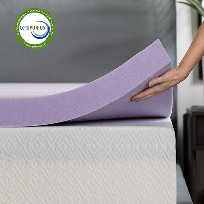 Lucid 3 Inch Lavender Memory Foam Mattress Topper, Twin XL Size – Essential Oil Infusion – Deep Plush Feel, Pressure-Relieving Bed Topper – Ventilated and Breathable – CertiPur Certified