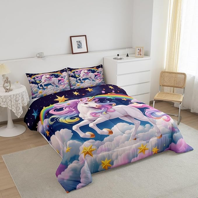 Castle Fairy Unicorn Kids Comforter Set Twin Size,Dreamy Wildlife Horse Animal Reversible Bedding Sets for Teens Bedroom Decor,Rainbow Stars Cloud Blue Galaxy Quilted Duvet,1 Pillowcase
