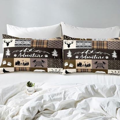 Hunting Adventure Duvet Cover Queen Size,Deer Bear Wolf Rustic Farmhouse Duvet Cover Set for Children Adult,Exotic Aztec Boho Tribal Brown Check Soft Comforter Cover for Dorm Room, Zipper, Ties