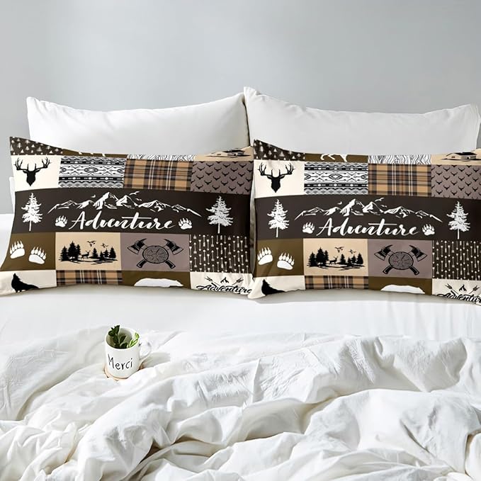 Bear Print Bedding Set Twin Size,Deer Antler Wolf Animals Hunting Adventure Comforter Cover Set for Kids Girls,Lodge Arrow Retro Brown Camper Plaid Bedding Quilt Cover Set Bedroom Decor, 2 Pcs