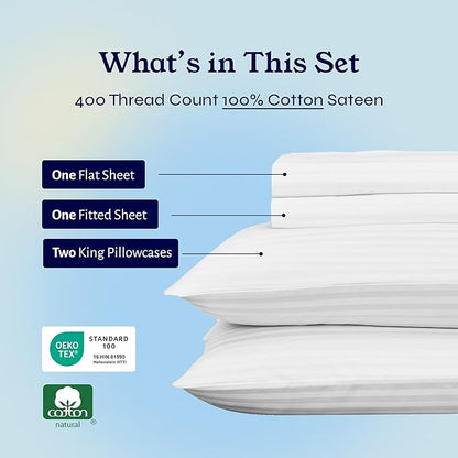 California Design Den Striped King Size Sheets Set - Soft 400 Thread Count Sateen, Natural 100% Cotton Sheets with Deep Pockets, and Durable Bedding Set - Striped White