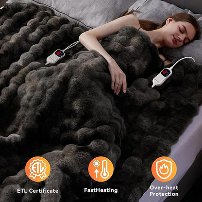 Heated Blanket King Size with 1/2/4/6/8 Hours Auto-Off 10 Heat Level, 90'' * 100'' Cozy Faux Rabbit Fur Bubble Electric Blanket with Overheat Protection(Tie-Dye Dark Grey)