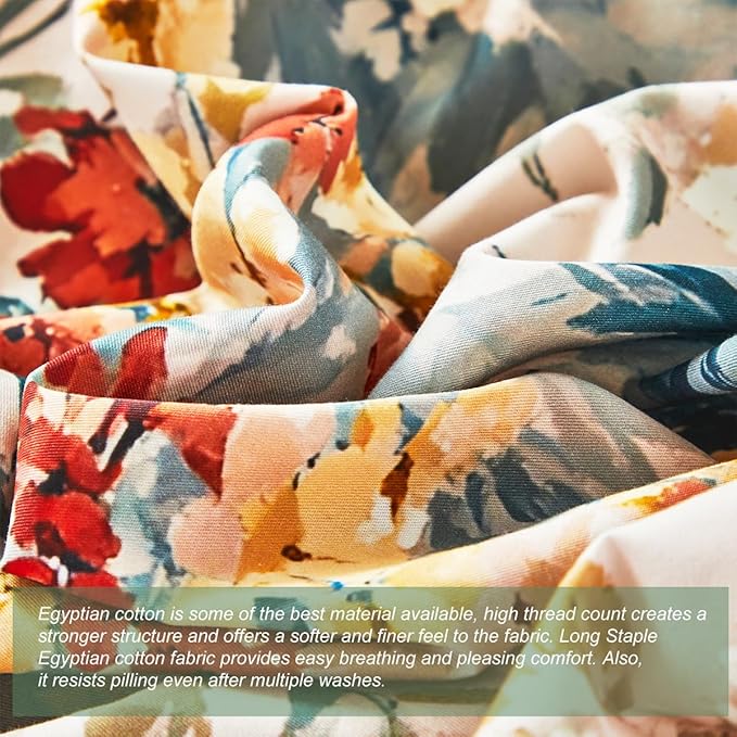 URBONUR Floral Duvet Cover Set Twin Size 3 Pieces 100% Cotton Silky Sateen Wildflowers Comforter Cover with 2 Pillowcases Soft & Breathable Bedding Sets