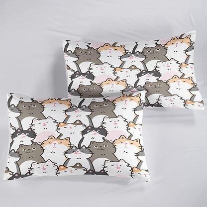 CVHOUSE Cat Bedding,Cartoon Cat Comforter Queen,Animals Print Comforter Set for Kids,Kawaii Quilt Set with 1 Comforter and 2 Pillow Cases
