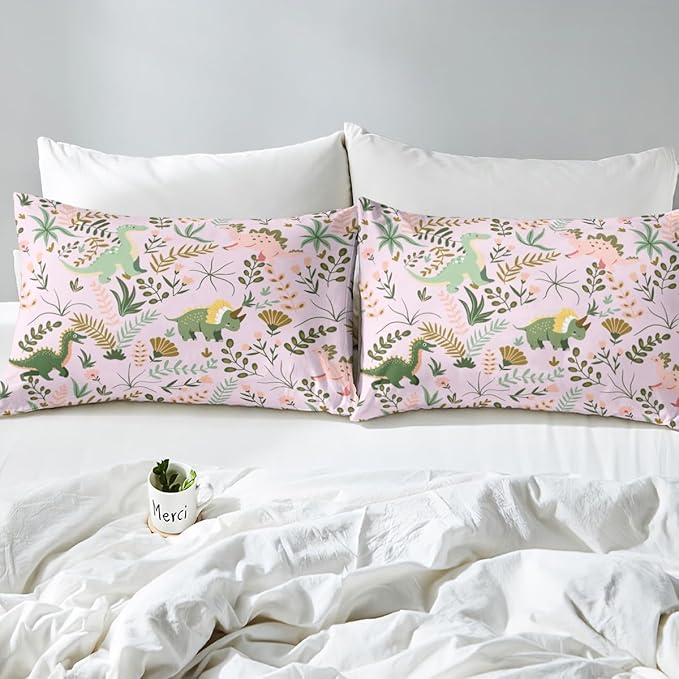 Lovely Dino Kids Full Size Reversible Duvet Cover Set,Kawaii Green Dinosaur Quilt Cover Bedroom Collection,Cartoon Wildlife Floral Leaves Plant Polyester Bedding Set for Girls,Pink (NOT Comforter)