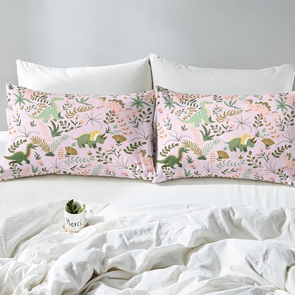 Cute Dino Kids Duvet Cover Set Queen Size,Kawaii Pink Green Dinosaur Polyester Bedding Set for Women Adult,Cartoon Wildlife Floral Leaves Plant Reversible Quilt Cover, 2 Pillowcases (NOT Comforter)