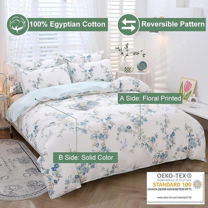 URBONUR Blue Floral Duvet Cover Set Queen Size 100% Cotton 3 Pieces Bedding Comforter Cover with Button Closure Birds on White Comforter Cover Sets, Soft Cooling Bedding Queen
