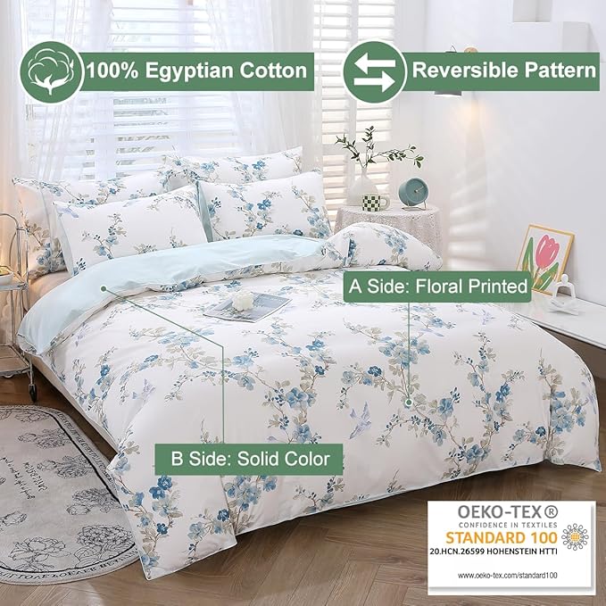 URBONUR Blue Floral Duvet Cover Set King Size 3 Pieces, 100% Cotton Duvet Cover with 2 Pillowcases, Soft & Breathable Bedding Sets with Button Corner Ties