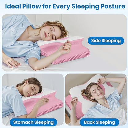 Cervical Neck Pillow for Sleeping, Memory Foam Side Sleeper Pillow, Ergonomic Pillows for Neck Pain Relief, Shoulder Support Pillows for Side Back Stomach Sleepers (Pink, King Size)