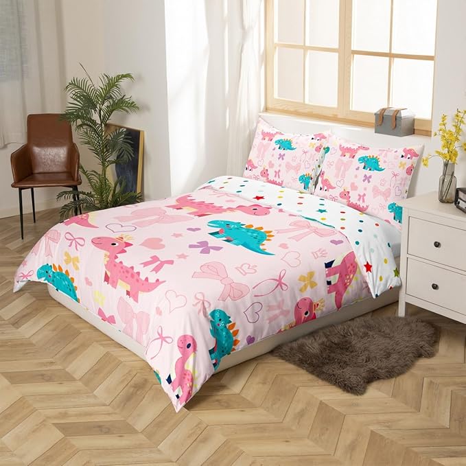 Cute Dino Duvet Cover Set Twin Size,Kawaii Bowknot Heart Princess Style Reversible Bedding Set Soft Bedroom Decor,Pink Dinosaur Bow Tie Cartoon Animal Polyester Quilt Cover (No Comforter), 2 Pcs