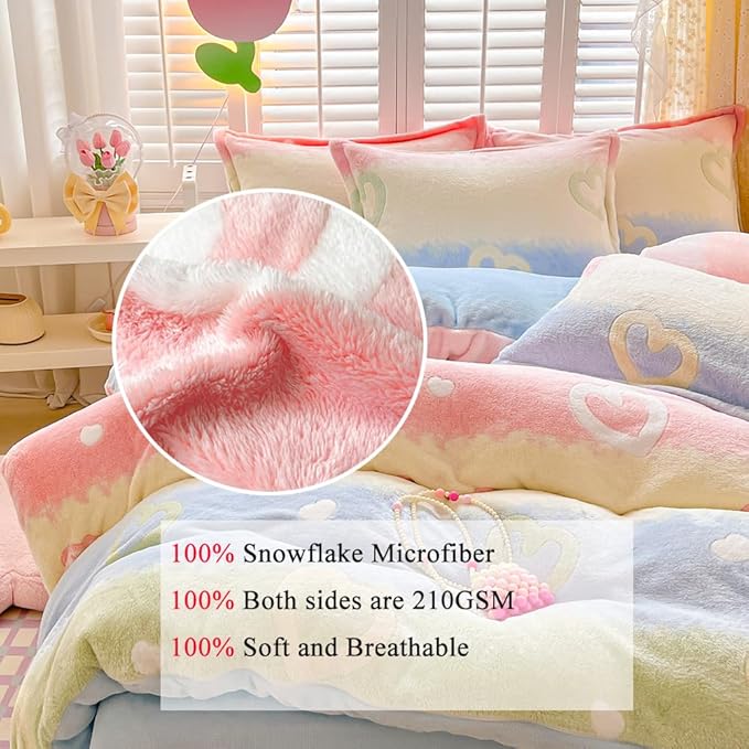 Rainbow Love Kids Duvet Cover Set Queen Cute Kawaii Bedding Set Snowflake Fluffy Comforter Cover Blanket Soft Reversible Duvet Cover Room Decor for Girls Women Boys(Love,Queen)