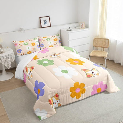 Colorful Daisy Comforter Set Full Size 3 Pcs Cute Dog Corgi Cartoon Pet Animal Bedding Set for Kids Boys Girls Teens Watercolor Hippie Flowers Rustic Style Microfiber Duvet Set with 2 Pillowcases