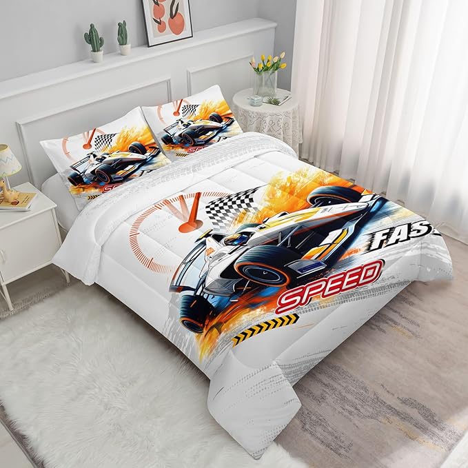 Racing Car Comforter Set Extreme Sports Printed Bedding Set with 1 Comforter and 2 Pillowcases for Boys and Girls Bedroom All Season(Car Twin)