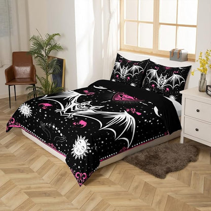 Bat Duvet Cover Set Full Size Sun Moon Starry Galaxy Bedding Set Gothic Style Wild Animals Comforter Cover for Kids Boys Girls Teens Bedroom Decor Pink Floral Exotic Black White Quilt Cover 3Pcs