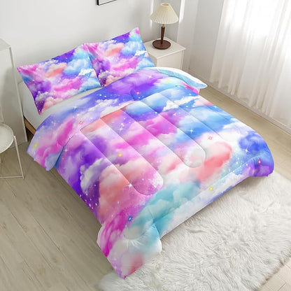 Rainbow Bedding Set,Pink Clouds Comforter Set King Size for Boys Girls Pink Blue Cloud Sky 3D Digital Printing Comforter Set with 1 Comforter and 2 Pillowcases
