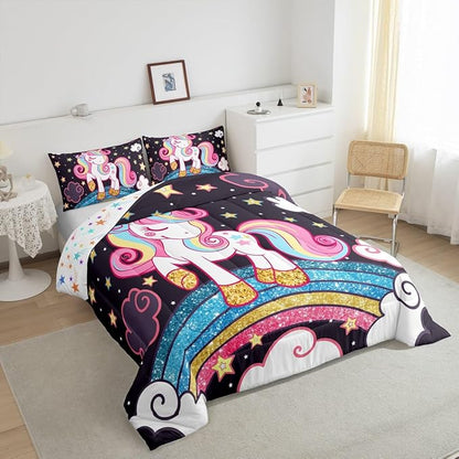 Feelyou Unicorn Bedding Queen,Star Print Rainbow Kids Comforter Sets for Girls Comforter Set,Cute Animal Bedding Cute Unicorn Duvet Quilt,Fairy Bedroom Decor