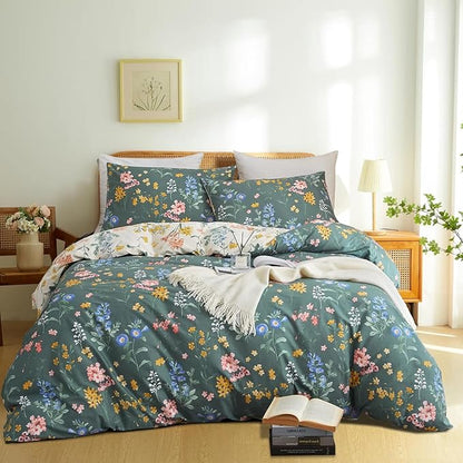 Floral Duvet Cover Queen Size Vintage Floral On Green Bedding Set 3 Pieces Women Men Romantic Pink Blue Flower Ultra Soft Reversible Fall Duver Cover with 2 Pillowcases